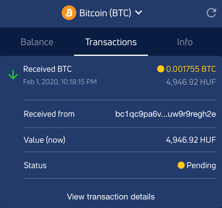 A folyamatban lévő bitcoin fogadás szemléltetése a még felfüggesztett tranzakcióval.